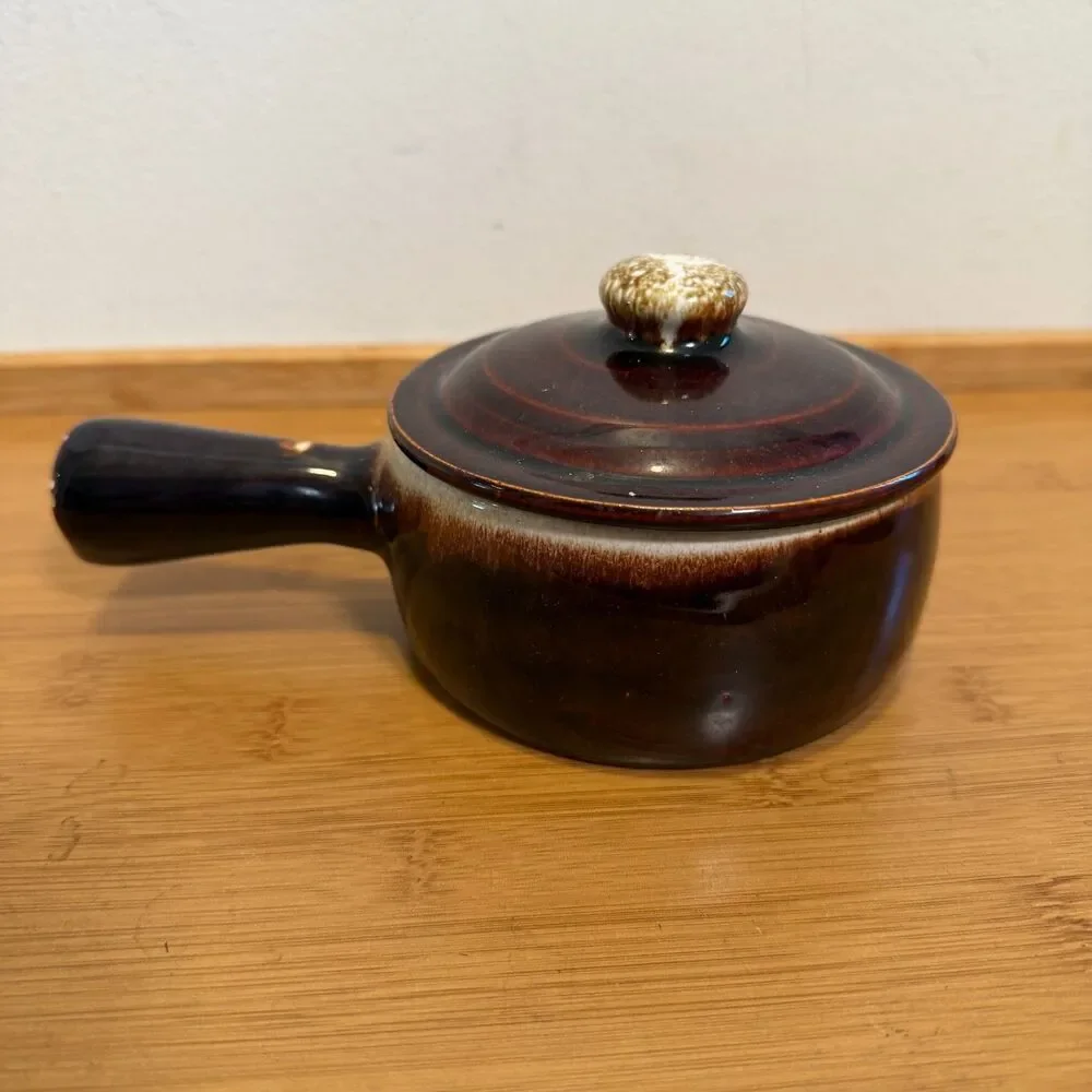 Vintage Brown Drip Glaze Stoneware Lidded Saucepan Crock Pottery 5”